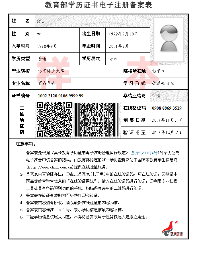 學歷證書電子注冊備案表樣本