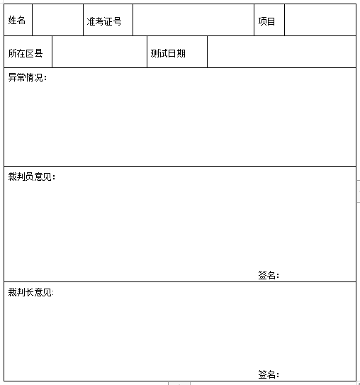 湖北省體育專業(yè)素質(zhì)測(cè)試 異常情況處理登記表